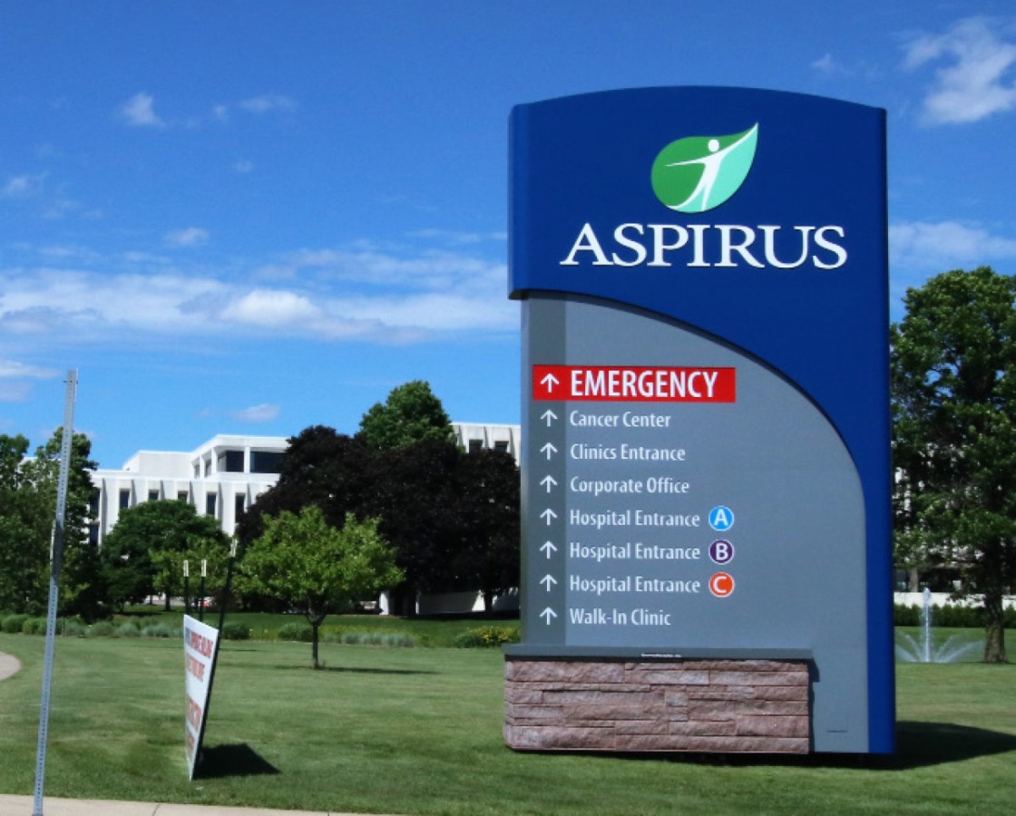 Outdoor wayfinding sign for hospital.