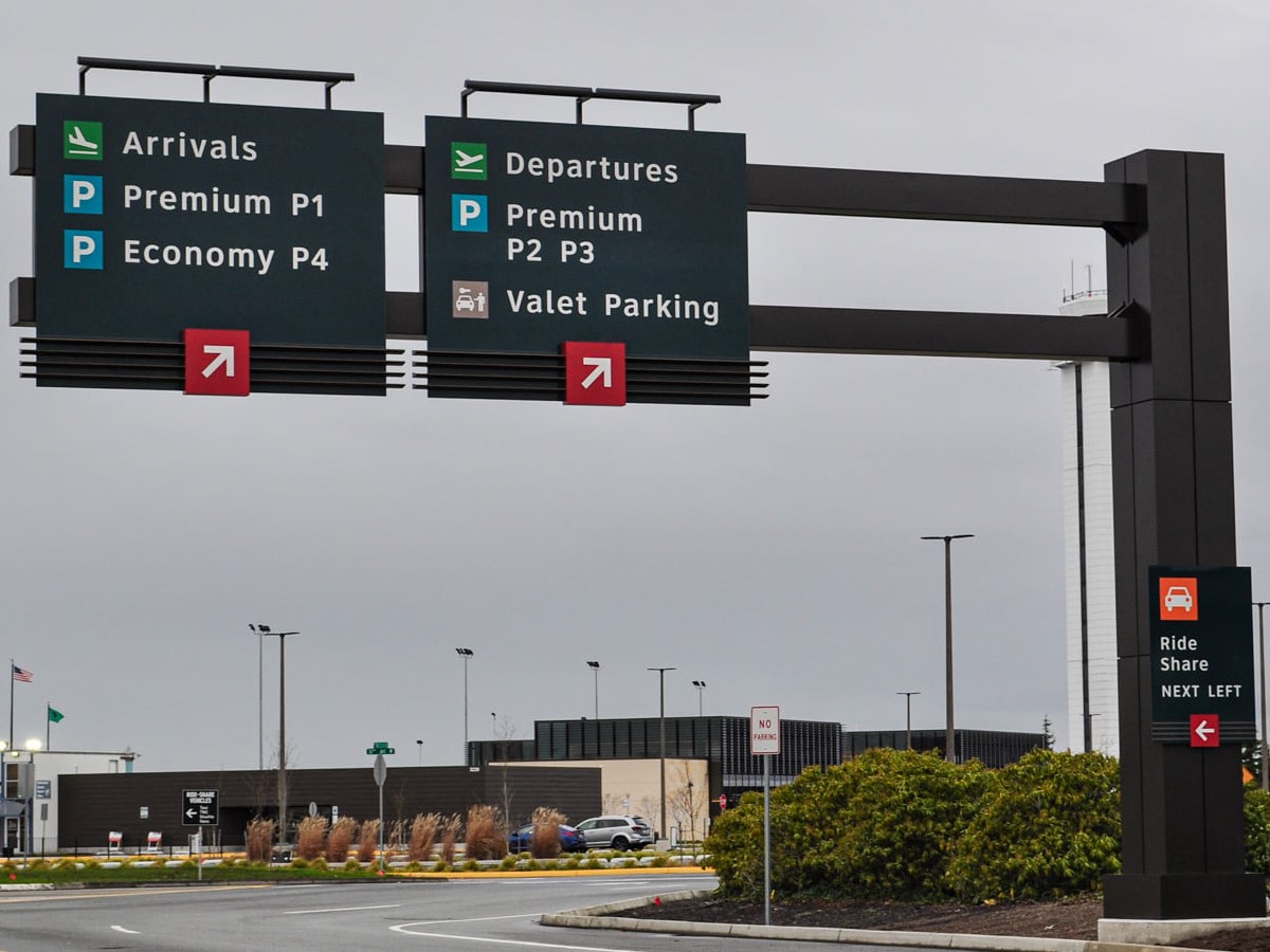 Airport traffic signs with metal base.