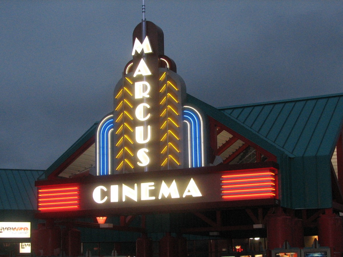 Backlit exterior cinema sign.